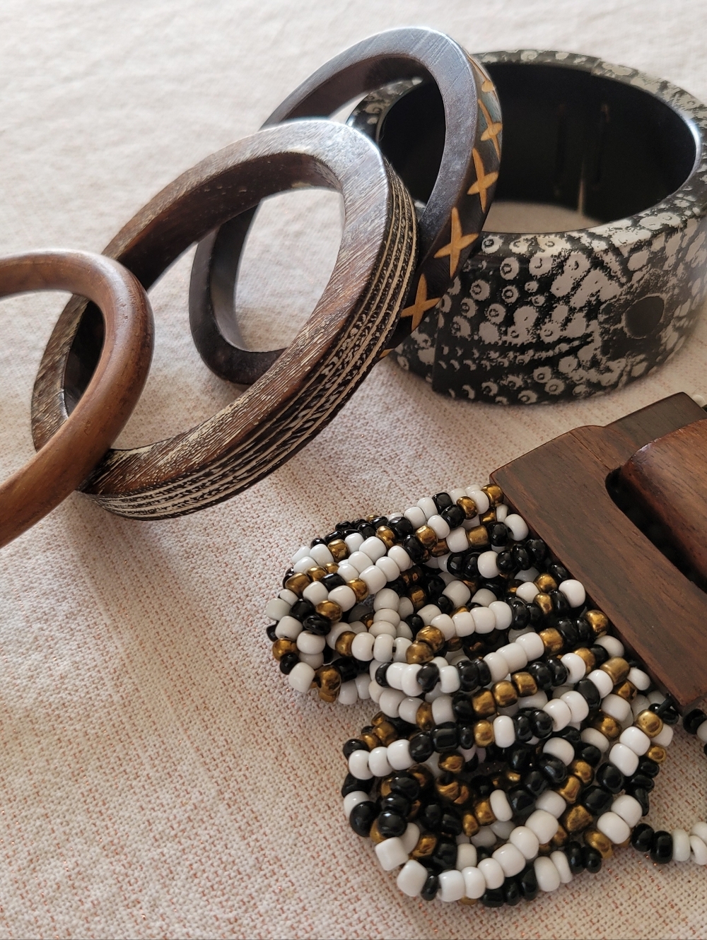 Brown Wood & Carved Stacked Bangle Bracelet Set, Big Bangle, and Chunky Bracelet